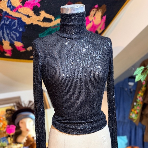 Cara Cara Sweaters - Cara‎ Cara Black Sequin Turtleneck Long Sleeve Zipper Back Top Whimsygoth XS